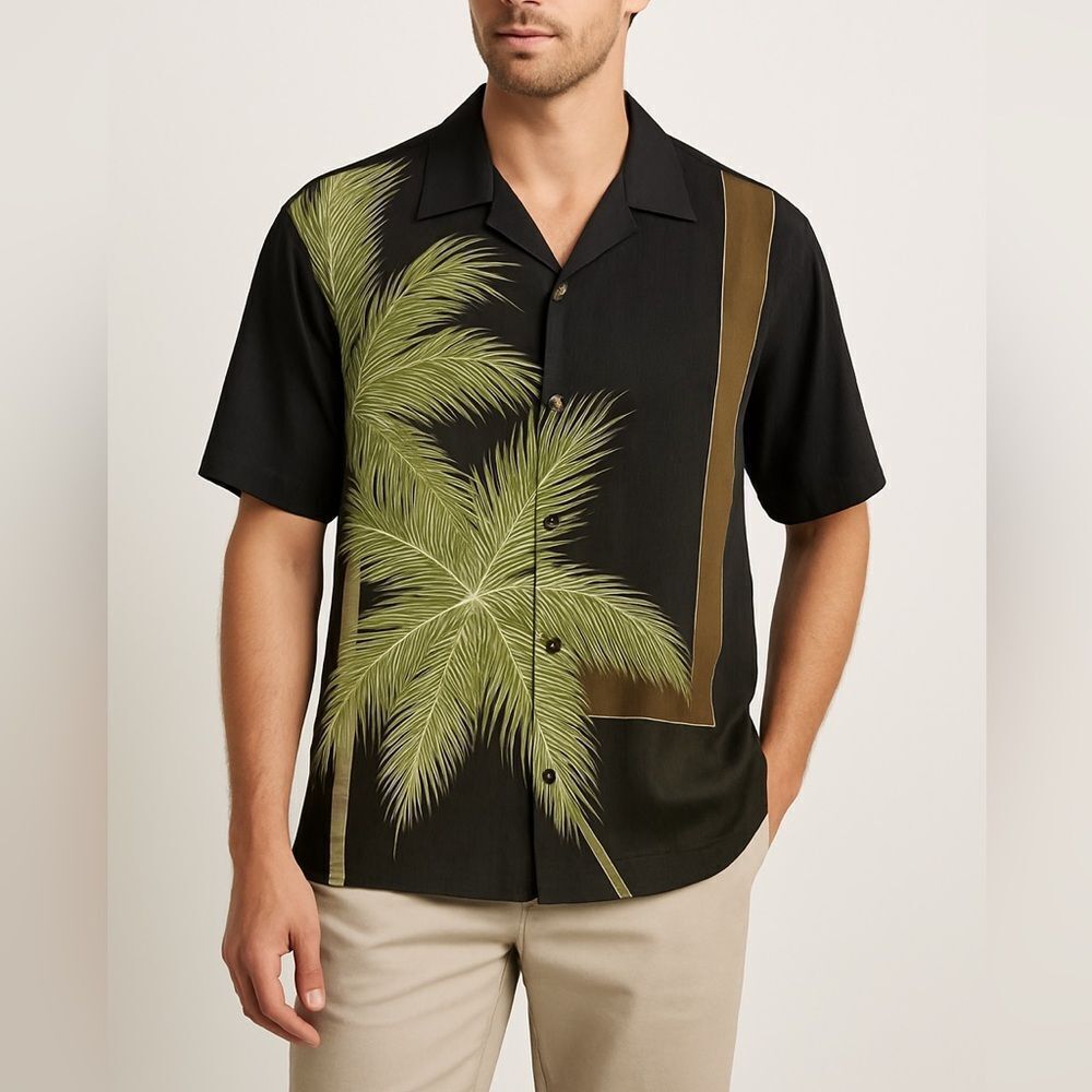 Tommy Bahama 100% Silk Palm Tree Hawaiian Shirt Men’s M Black Green Island